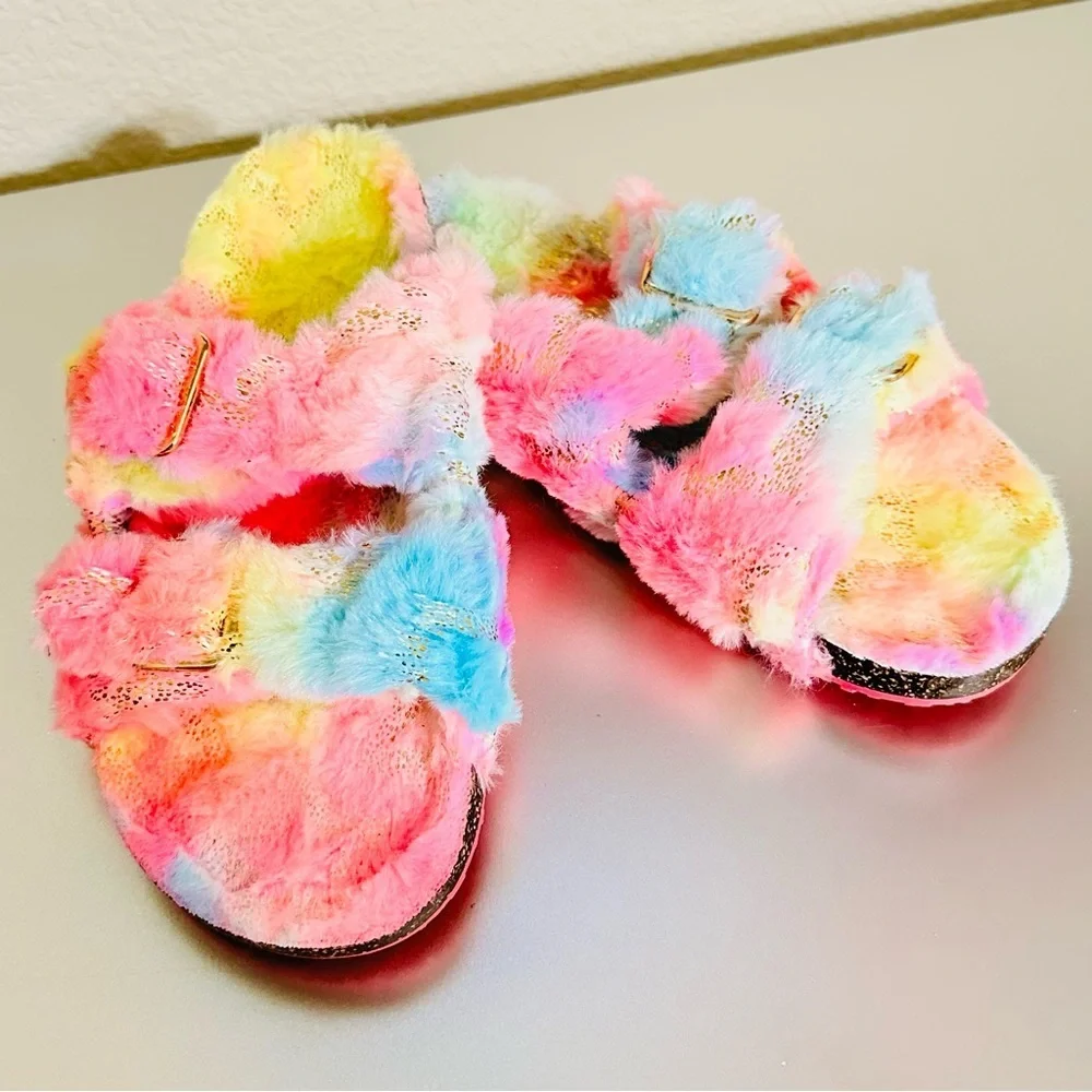 Cozy Pastel Rainbow Fuzzy Double-Strap Slip-On Slides Soft Plush Sandals Sz 4–5